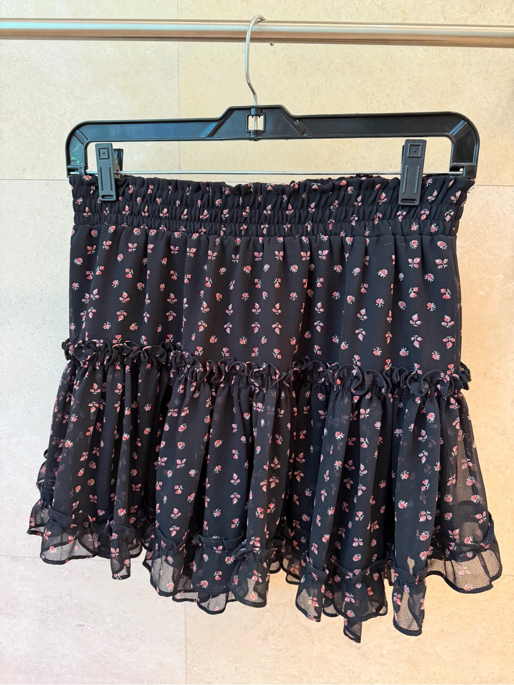 Misa Los Angeles Black Mini Skirt with Pink Floral Print